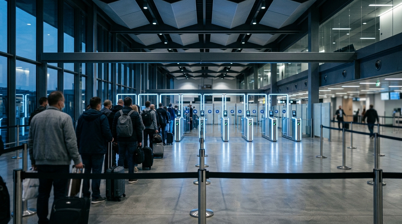 European airport border control queue, illustrating the ETIAS launch date delay and EES checks