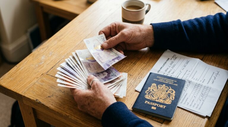 Applicant counting money beside a passport, illustrating the $250 visa integrity fee