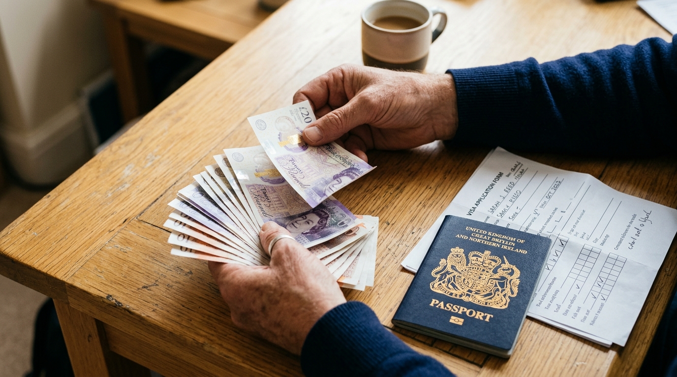 Applicant counting money beside a passport, illustrating the $250 visa integrity fee