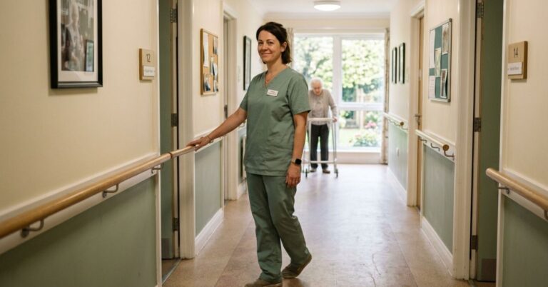 Care assistant jobs with visa sponsorship — carer in a residential care corridor