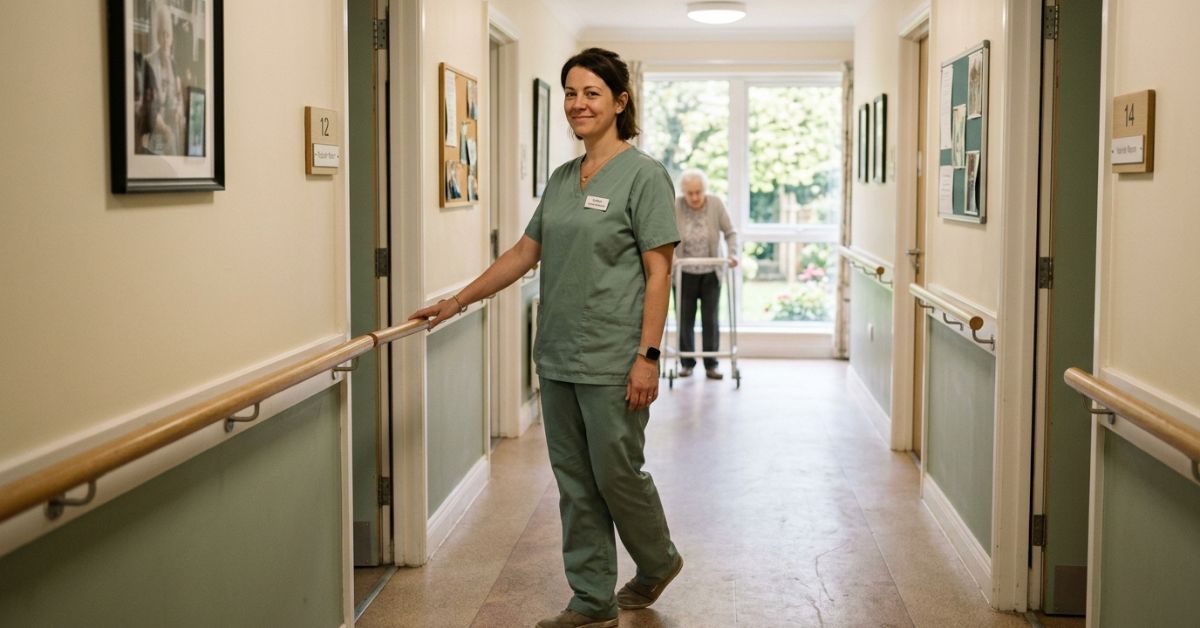 Care assistant jobs with visa sponsorship — carer in a residential care corridor