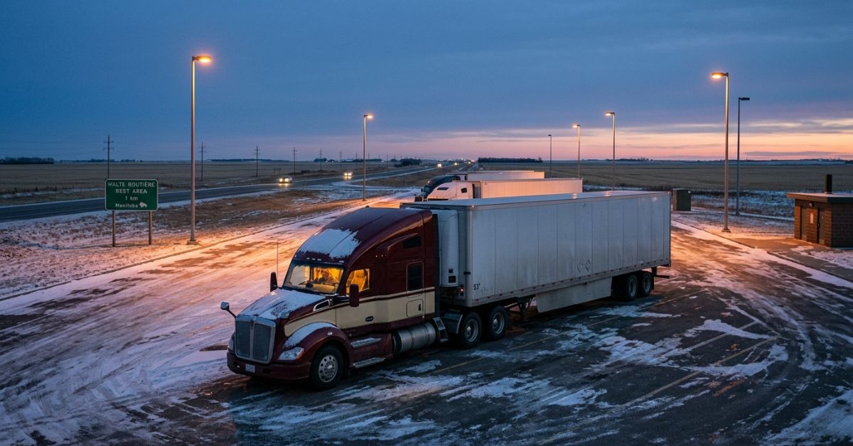 Long-haul truck at a Canadian rest stop illustrating truck driver jobs in Canada with LMIA