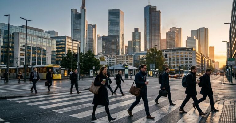 Luxembourg work permit for non-EU workers — commuters arriving in the financial district at sunrise