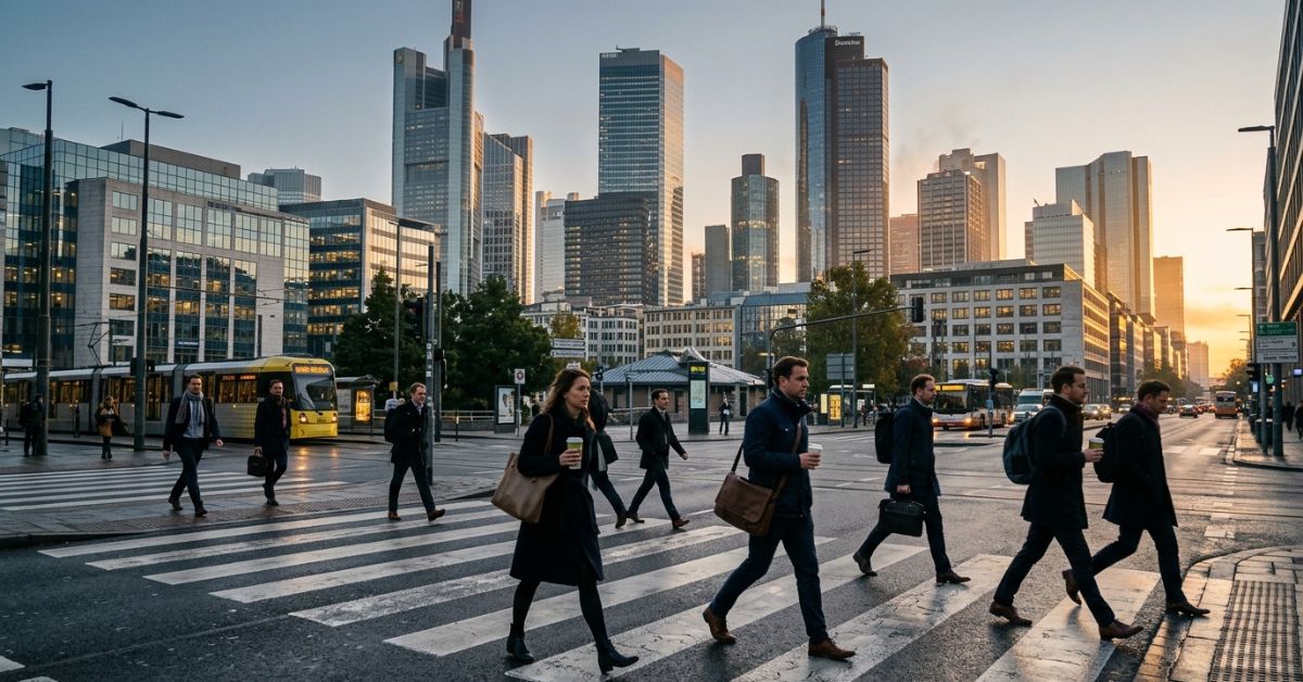 Luxembourg work permit for non-EU workers — commuters arriving in the financial district at sunrise