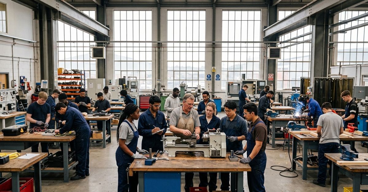 Ausbildung in Germany with visa sponsorship 2026 — international apprentices in a training hall