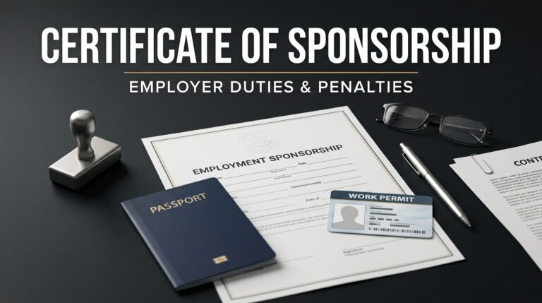 Certificate of sponsorship document with passport and work permit card showing employer duties