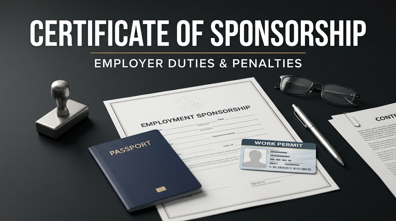 Certificate of sponsorship document with passport and work permit card showing employer duties