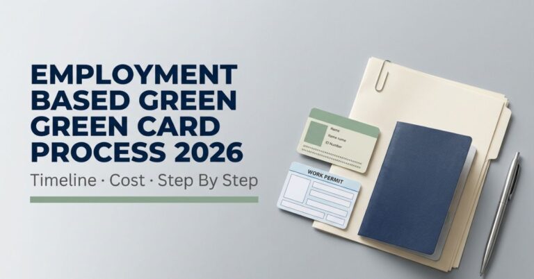 Passport, work permit card and forms with text explaining the employment based green card process 2026