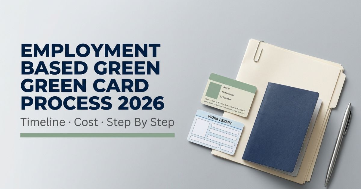 Passport, work permit card and forms with text explaining the employment based green card process 2026