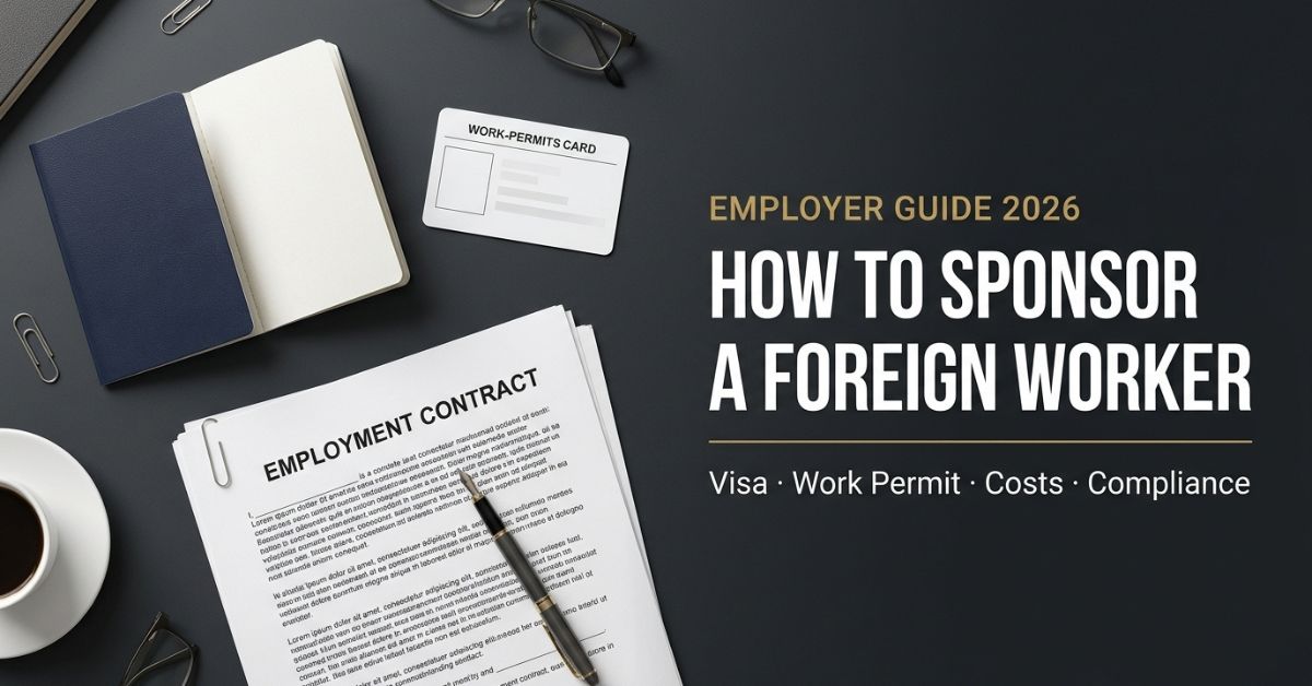 Employer preparing visa and work permit documents to sponsor a foreign worker