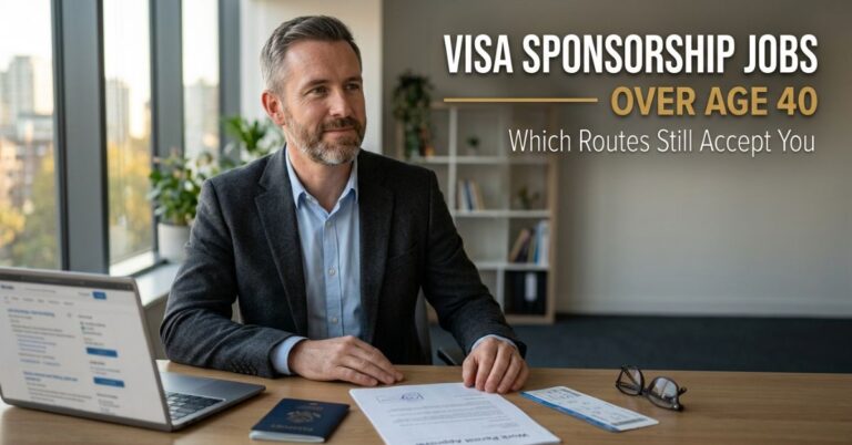 Professional over 40 reviewing passport and work permit documents for visa sponsorship jobs over age 40