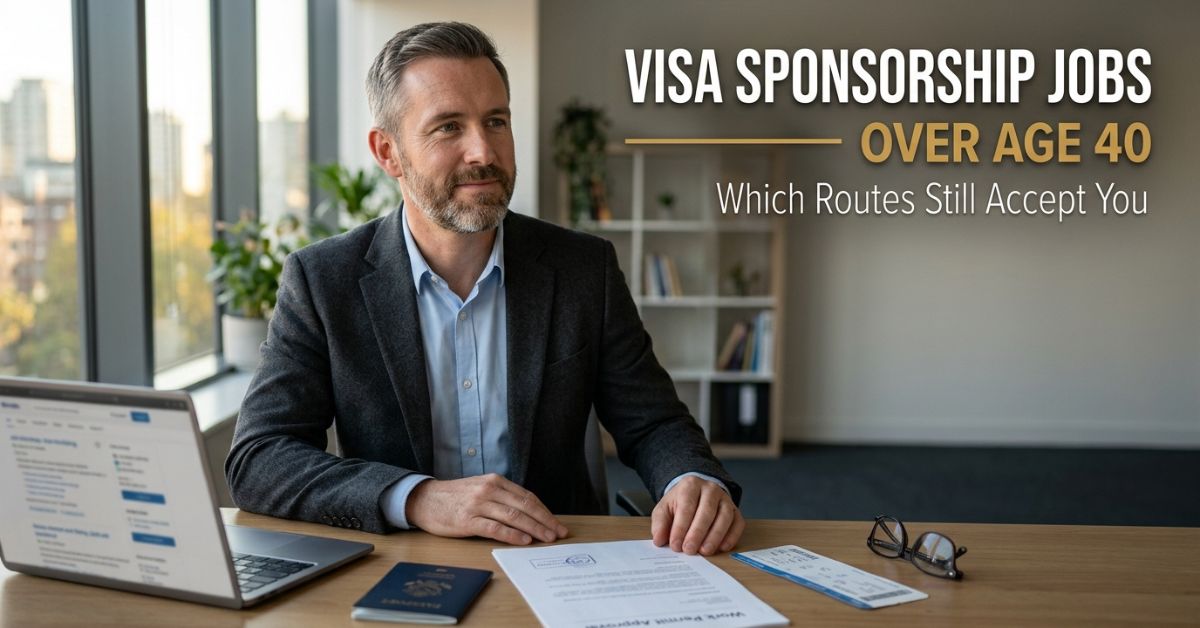 Professional over 40 reviewing passport and work permit documents for visa sponsorship jobs over age 40