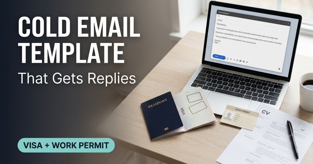 Cold email template featured image with passport visa page and work permit card