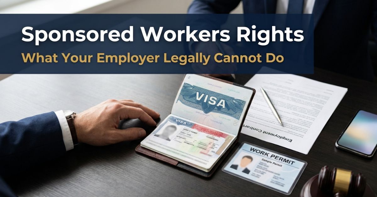 Sponsored workers rights — passport visa, work permit and employment contract on a desk