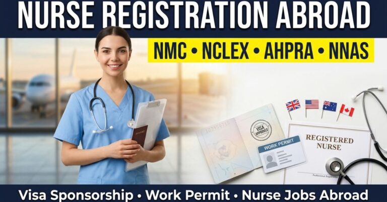 Nurse at an airport with visa, work permit and registration documents for nurse registration abroad
