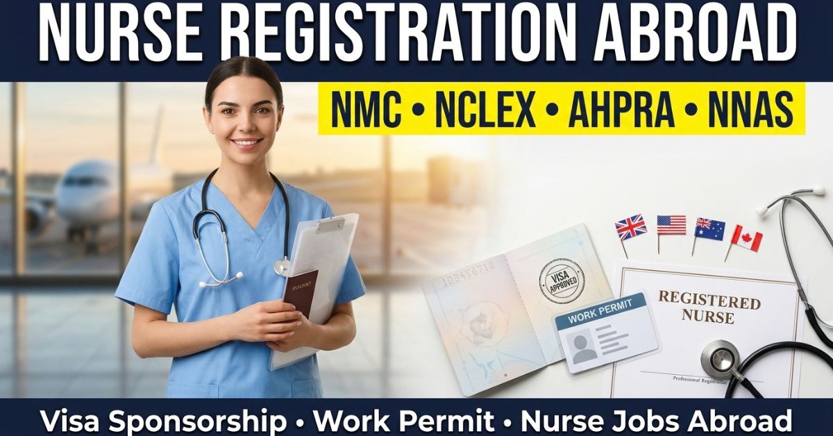 Nurse at an airport with visa, work permit and registration documents for nurse registration abroad