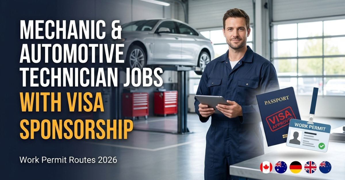 Mechanic in a modern workshop with a visa-approved passport and work permit card, showing automotive technician jobs with visa sponsorship