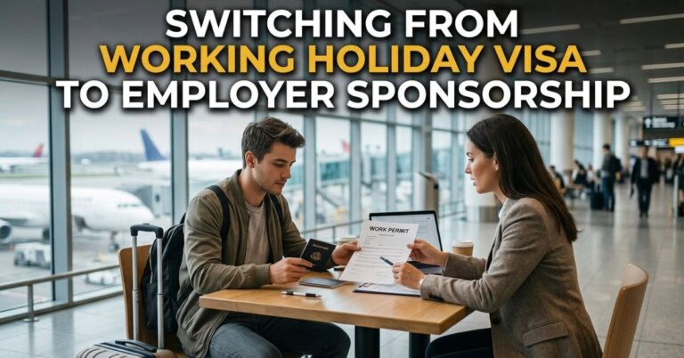 Traveler reviewing a job offer while planning a move from a working holiday visa to employer sponsorship