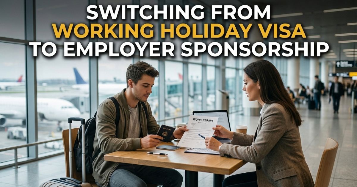 Traveler reviewing a job offer while planning a move from a working holiday visa to employer sponsorship