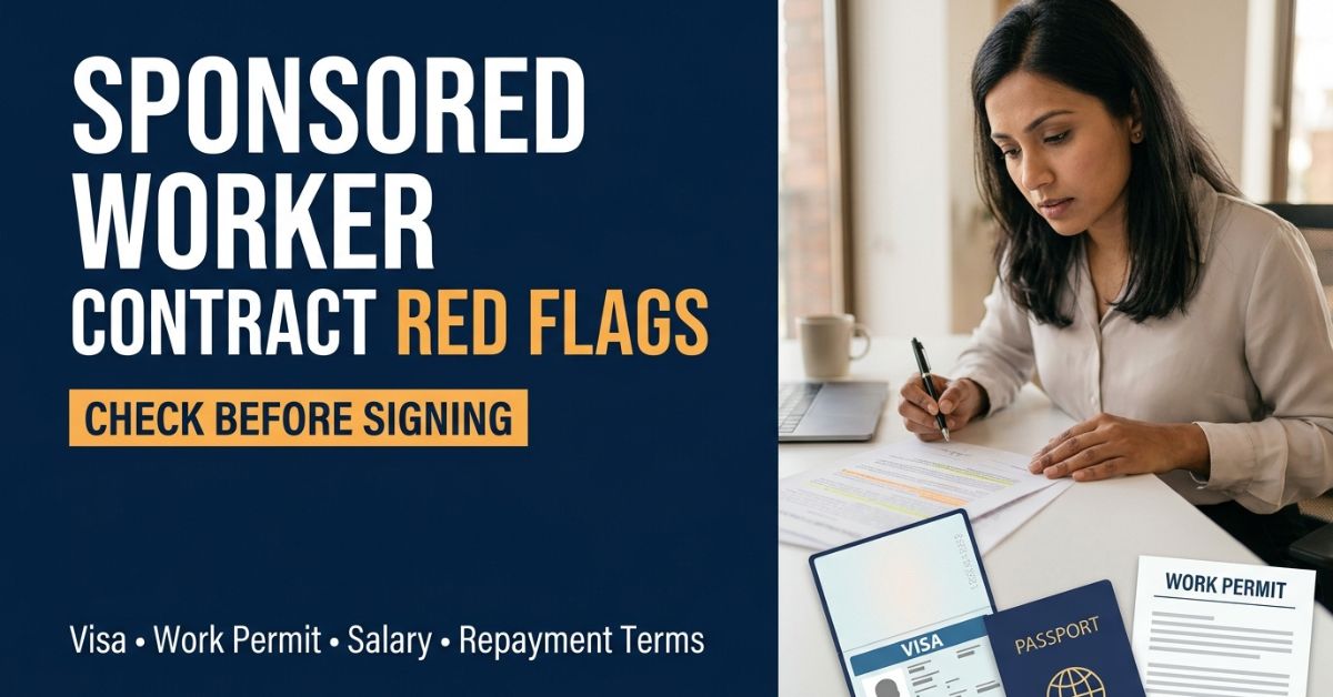 Sponsored worker reviewing contract red flags with visa and work permit documents before signing.
