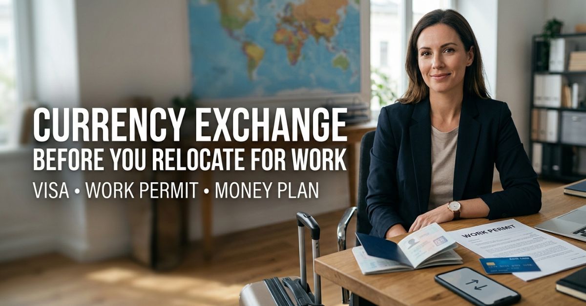 Currency exchange planning before relocating for work, with a professional reviewing a moving budget.