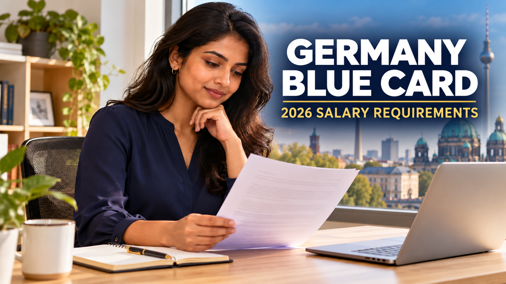 Female professional reviewing an offer beside Germany Blue Card salary requirements headline